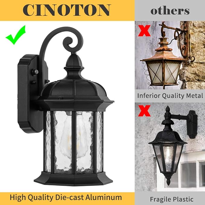 CINOTON Dusk to Dawn Outdoor Wall Lighting Outdoor Wall Lantern with Water Ripple Glass Waterproof Wall Sconce for Porch Front Door Patio or Garage (2 Pack)