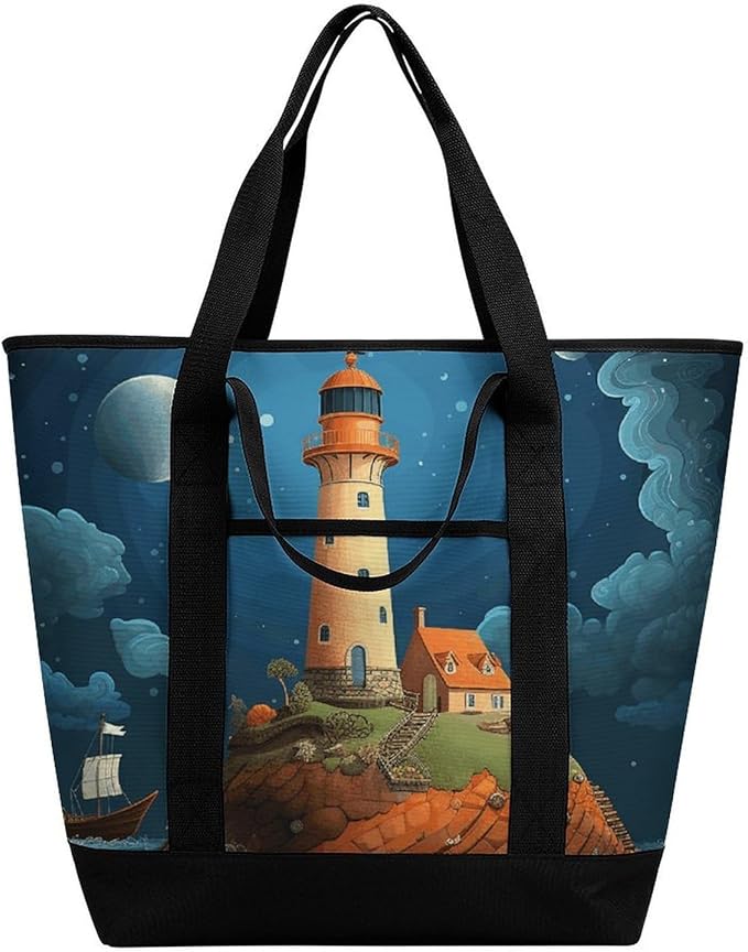 Insulated Shopping BagLarge Reusable Cooler Bags Catoon Whale Lighthouse Printed Foldable Shopping BagTravel Waterproof Shoulder Bag