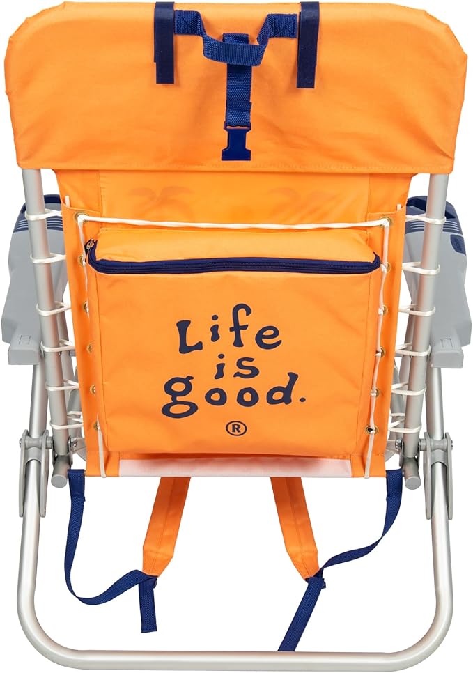 Life is Good 4-Position Lace-up Backpack Beach Chair with Pillow Cup and Phone Holder Canyon Orange