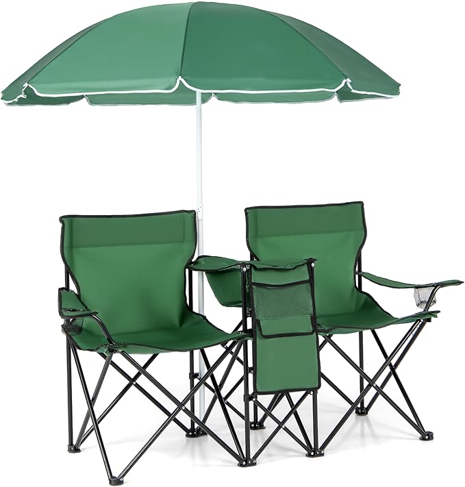 MAT EXPERT Folding Double Camp Chair w/Removable Umbrella Portable Picnic Chair w/Mini Table Chair Set w/Beverage Holder Portable Loveseat Camp Chairs for Beach Backyard Poolside (Green)