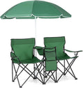 MAT EXPERT Folding Double Camp Chair w/Removable Umbrella Portable Picnic Chair w/Mini Table Chair Set w/Beverage Holder Portable Loveseat Camp Chairs for Beach Backyard Poolside (Green)
