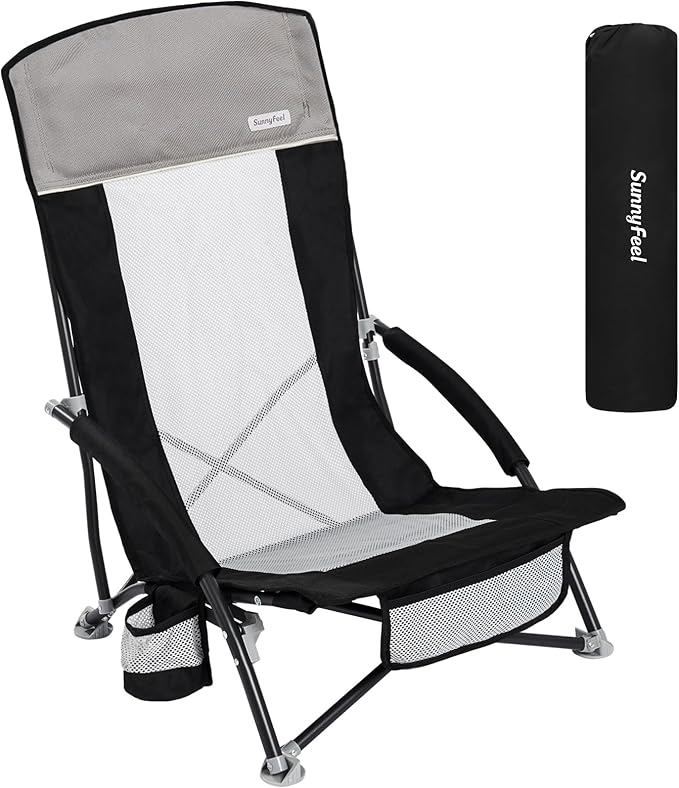 SUNNYFEEL Folding Beach Chair High Back Beach Chairs for Adults Lightweight Portable Camp Chair 300lbs Heavy Duty with Carry Bag Mesh Back Cup Holder for Outdoor Travel Picnic Concert Black