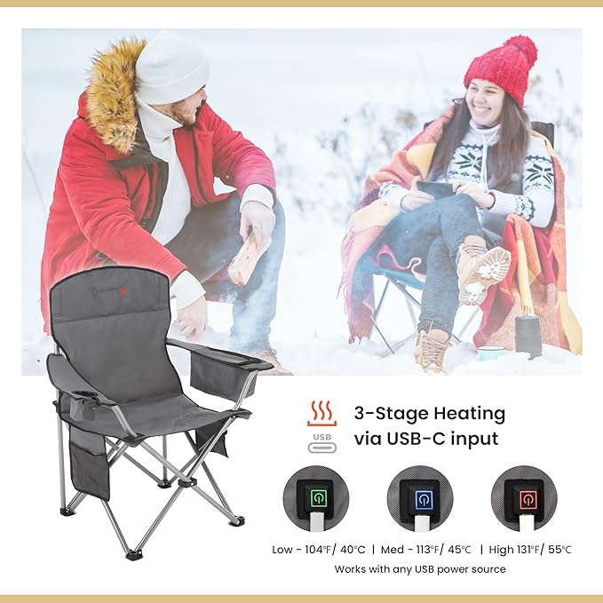ARROWHEAD OUTDOOR Portable Heated Folding Camping Chair w/ 6-Can Cooler 3 Heat Settings Cup &amp Wine Glass Holder Heavy-Duty Carrying Bag Padded Armrests Battery NOT Included Supports up to 33