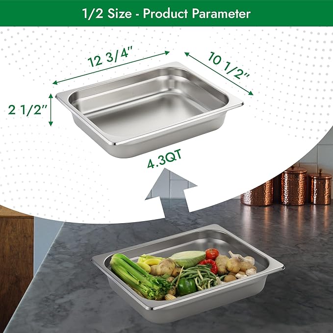 HECMAC 6 Pack Anti-Jam Hotel Pans 1/2 Size 2 1/2 Inch Deep Commercial Stainless Steel Chafing Steam Table Pan Catering Storage Metal Food Pan 23 Gauge