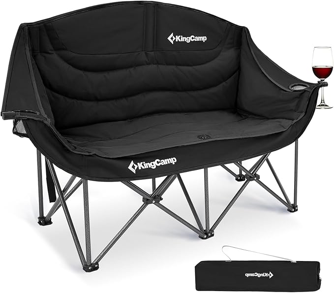 KingCamp Double Camping Chair Oversized Heavy Duty 550lbs Loveseat for Adults Portable Folding XL 2 Person Couch Padded Comfortable Two Seat with Cup Holder for Outdoor Lawn Backyard Black