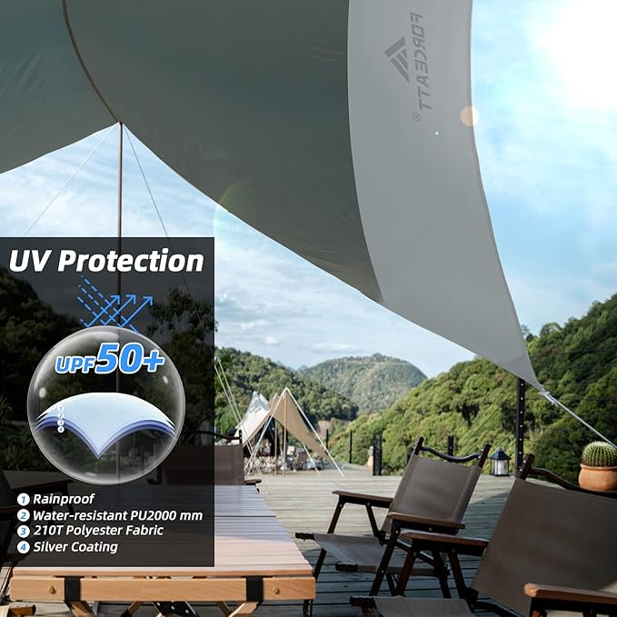 Forceatt 12x14FT Tarp with 2 Poles Waterproof Anti-UV Camping Tarp Car Awning (UPF50+) Lightweight Sun Shelter for Car Tent and Hammock in Hiking Backpacking Garden and Traveling