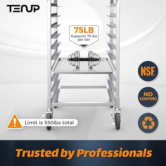 TenUp 10-Tier NSF Aluminum Sheet Pan Rack Commercial Bakery Cooling &amp Storage Cart with Wheels Heavy-Duty Bun Rack – 26 L x 20 W x 38 H