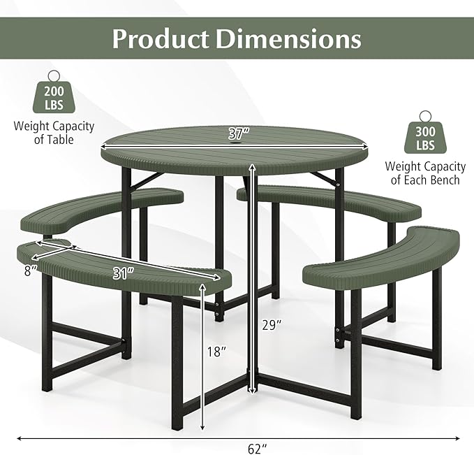 Giantex Picnic Table Bench Set for 4-8 Person Round 37” Outdoor Dining Table w/Umbrella Hole HDPE Tabletop Metal Frame Patio Furniture Set for Backyard Porch Lawn 1400lb Capacity (GreenRound)