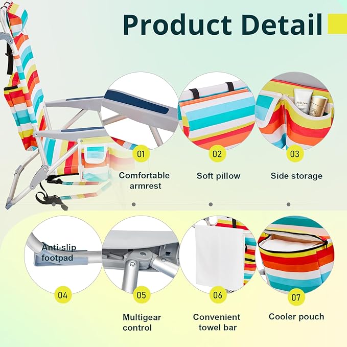 Folding Beach Chair Lightweight Folding Webbed Lawn Beach Chair for Adults with Headrest and Cup HolderLow Beach Chair 5 Position Lay FlatOutdoor ChairCollapsible ChairsRainbow Stripes