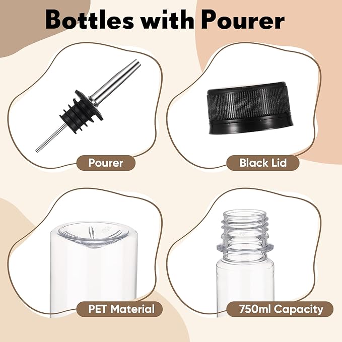 16 Pack 25 oz Syrup Bottle Plastic Long Neck Bottle with Stainless Steel Leakproof Tapered Spout Pourer and Cap Alcohol Juice Coffee Container for Home Bar Service Bartending Supplies
