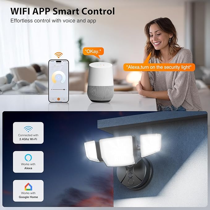 Onforu 65W Smart LED Flood Lights Outdoor 6500LM Brightness Adjustable APP Control Tunable 2700K-6500K WiFi Alexa Security Lights with Timer &amp 4 Lighting Head Exterior Floodlight for Yard Gara