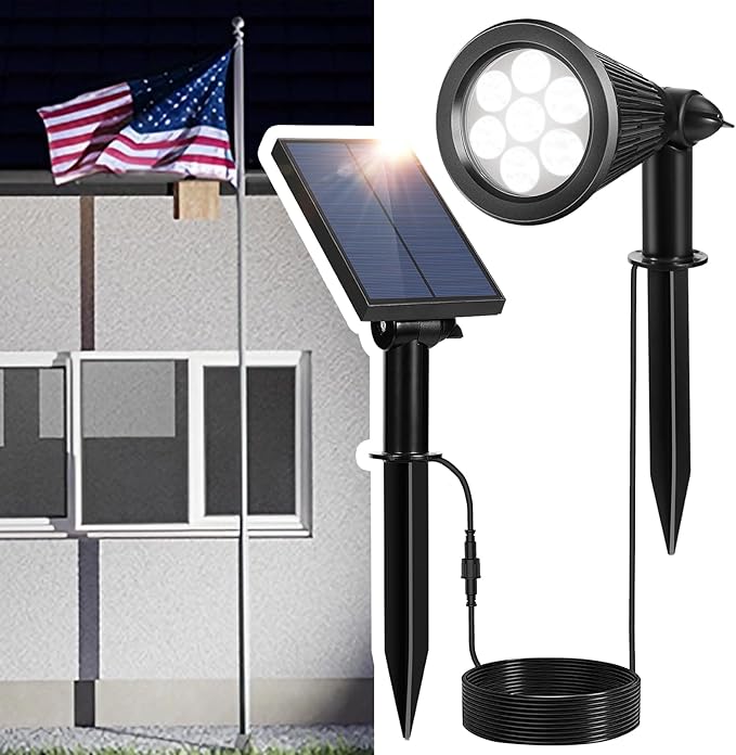 Solar Spotlights Outdoor for Flag Pole Bright 7-LED Solar Spot Lights with Separate Panel Waterproof Dusk-to-Dawn Flagpole Lights Adjustable Landscape Ground Wall Lighting for House Garden(White)
