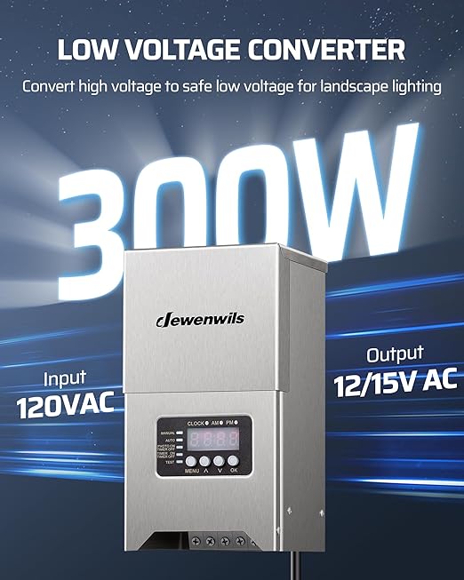 DEWENWILS 300W Low Voltage Landscape Transformer Outdoor Low Voltage Transformers with Photocell Sensor &amp Timer 120V AC to 12V/15V AC Waterproof Landscape Lighting Transformer for LED Lighting