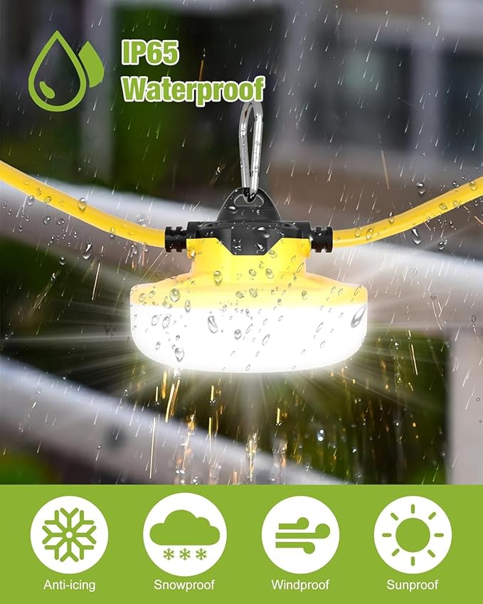 YXL 130W 16000LM Construction String Lights Temp Lighting 100FT Industrial LED Work String Lights IP65 Waterproof Super Bright for Construction Sites Temporary Work Jobsites Outdoor Lighting
