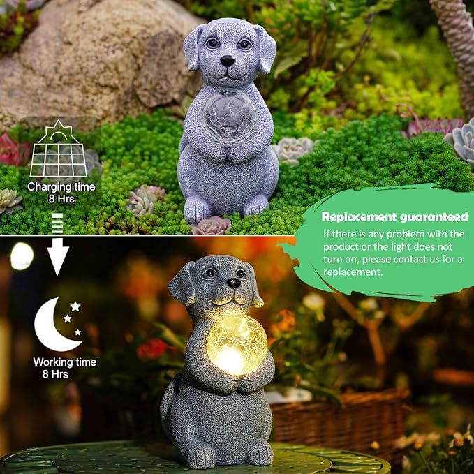 Dog Garden Statues - 8.4 Dog Decor with Gazing Ball LED Lights Unique Gifts for Mom Grandma Birthdays Outdoor Decor for Outside Lawn Porch Patio (Gray)