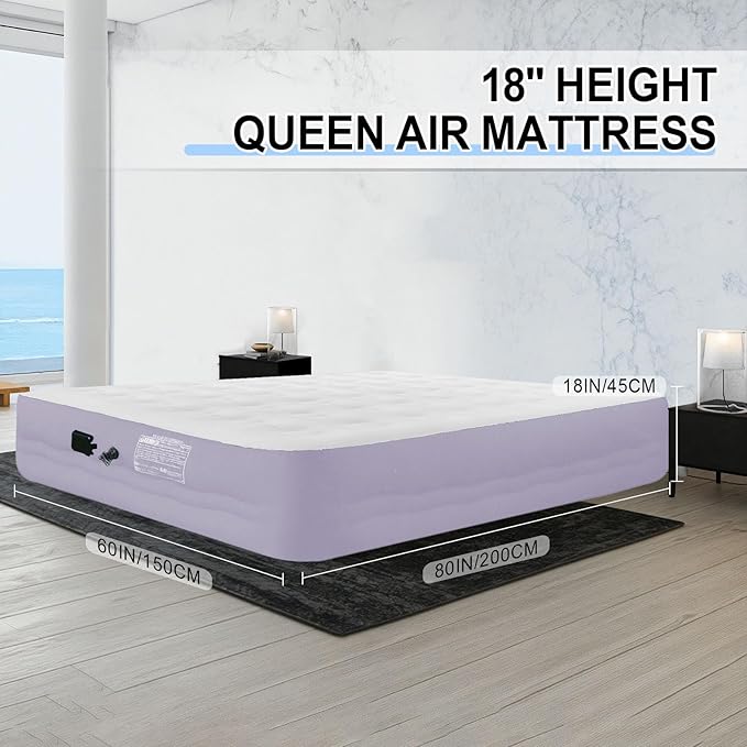 Queen Size Air Mattress with Built in Pump 18'' Raised Blow Up Bed Inflatable Mattress for Camping &amp Travel 3-Minute Quick Inflation/DeflationThick Velvet Texture Waterproof18'' Purple
