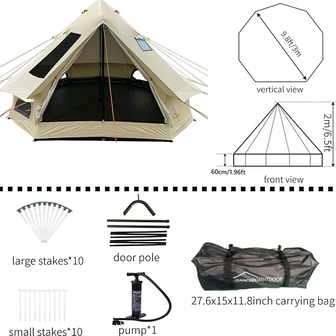 DANCHEL OUTDOOR B2I Inflatable Camping Tent 9.8ft No Center Pole Lightweight Blow Up Bell Tent with Stove Jack Skylight Pump Waterproof 300D Oxford Glamping Yurt for 1-3 Person Family