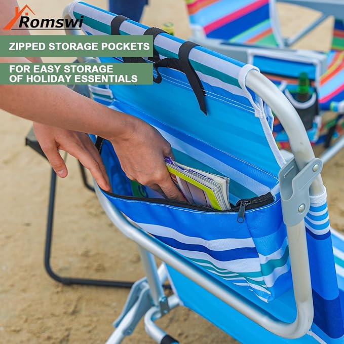 2Pk Aluminum 5-Position Lay Flat Folding Backpack Beach Chairs for Adults with Cooler Bag Cup&ampPhone Holder Towel Bar for Outdoor Lawn Picnic Sport Portable Foldable Camping Chairs Blue Stripe