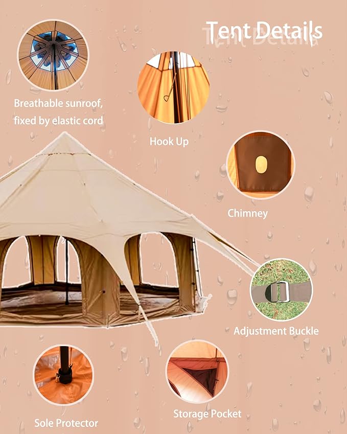 Cotton Canvas Tent Bell - Yurts Breathable and WindproofGlamping for 6/8/10Person Family Camping