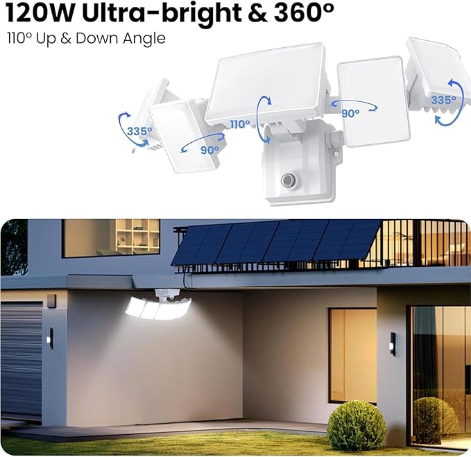 Olafus 120W Plug in Flood Lights Dusk to Dawn LED Outdoor Light with Remote 5 Adjustable Heads IP65 Waterproof LED Security Light with Photocell for Yard Garden Porch White