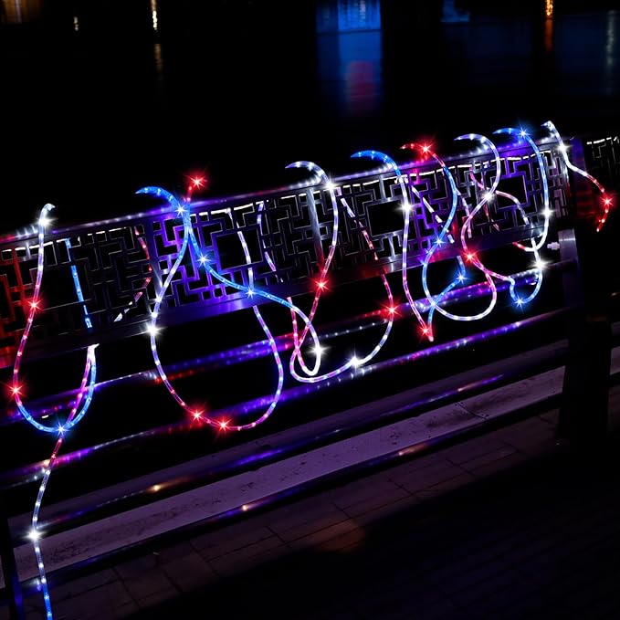 50ft 360 LED Waterproof Rope Lights 110V Connectable Indoor Outdoor Led Rope Lights for Deck Patio Pool Camping Bedroom Decor Landscape Lighting and More (RED+White+Blue)