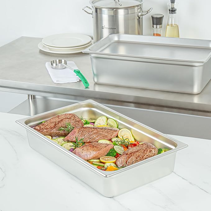 Restaurantware-Kitchen Tek Full Size Steam Table Pans 6 Anti-Jam Steam Pans - Lids Sold Separately 4” Deep 24 Gauge Stainless Steel Hotel Pan Freezable For Catering Events And Parties