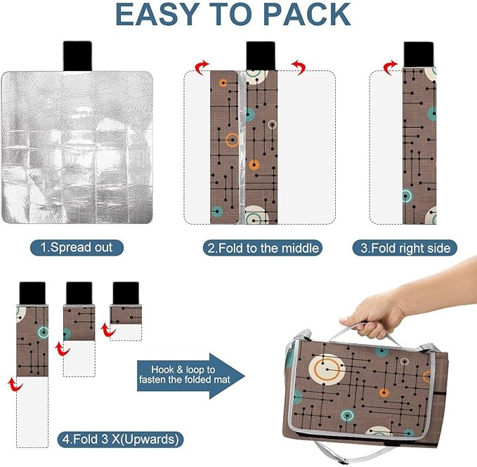 Modern Mid Century Seamless Abstract Pattern Waterproof Outdoor Picnic Blanket Sandproof Beach Mat for Camping Hiking Grass Travelling