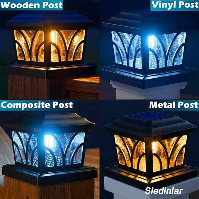 SIEDiNLAR Solar Post Cap Lights Outdoor Aluminum Glass 2 Modes Fence Post Caps for 4x4 5x5 6x6 Vinyl Wooden Posts Fence Deck Patio Decor Warm White/Cool White Lighting 2 Pack (Black)