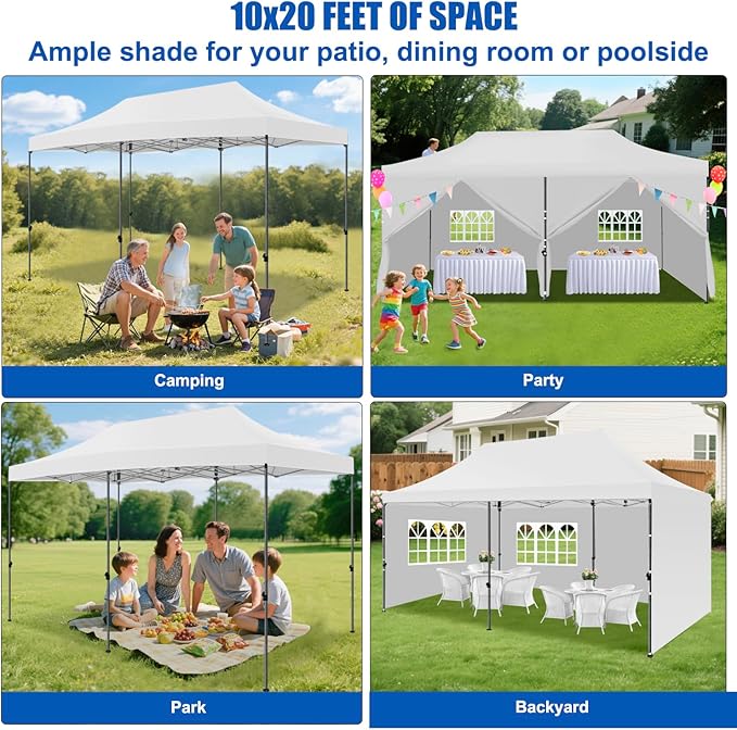 Yesker 10x20 Pop Up Canopy Tent with Sidewalls Instant Outdoor Canopy Waterproof &amp UV Protection Easy Setup Adjustable Height Heavy Duty Shelter Gazebo Tent for Patio Backyard Party Events Whit