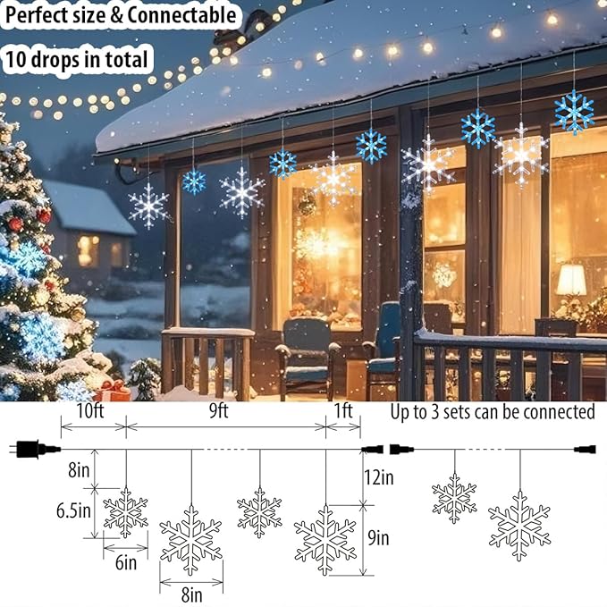 Christmas Snowflake Icicle Lights-9ft 150LED Twinkling Christmas Lights with Timer Waterproof Connectable Hanging 10 Drop for Eave Window Porch Xmas Indoor Outdoor Decoration (Blue and White)