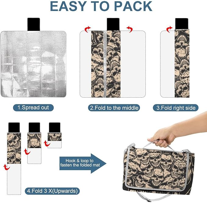 Black and White Gothic Skull Damask Pattern Waterproof Outdoor Picnic Blanket Sandproof Beach Mat for Camping Hiking Grass Travelling