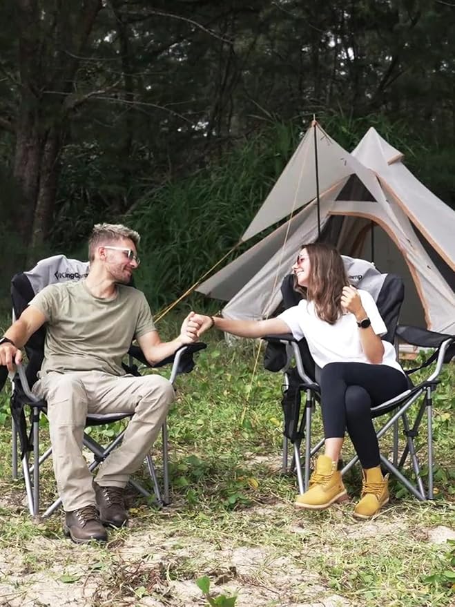 KingCamp Folding Portable Camping Chairs Oversized Padded Quad Arm Chair with Cooler Bag Cup Holder and Side Pocket Heavy Duty Supports 300 lbs for Outdoor Lawn Fishing Sports