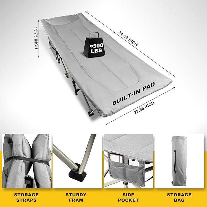 YELLOW JACKET Camping Cot with Mattress for Adults Camping Cot for Adults with Cushion and Pillow Portable Folding Bed with Carry Bag for Camp Home Office Travel Black Supports 450 Lbs