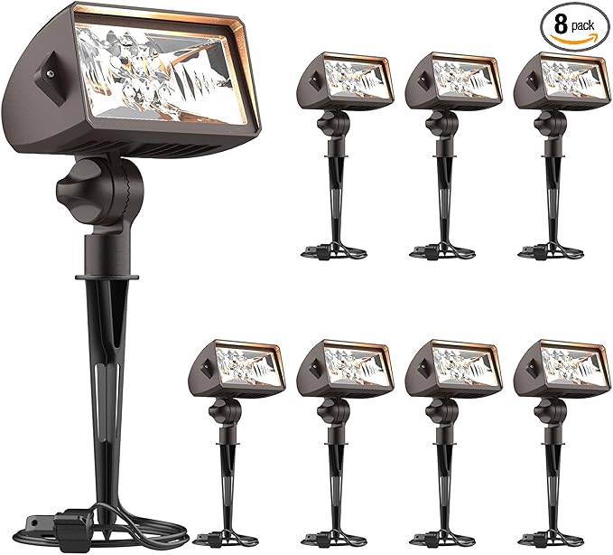 GOODSMANN Low Voltage LED Landscape Wall Wash Kits 8PK Spotlight &amp Floodlight 18W 2700K Outdoor Lights Brown Finish Outside Hardwired Lighting with Metal Stake Cable Connector Replaceable