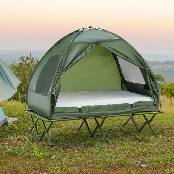 2 Person Foldable Camping Cot with Tent Bedspread and Thick Air Mattress 4-in-1 Elevated Camping Bed Tent for Outdoor Hiking Picnic Travel