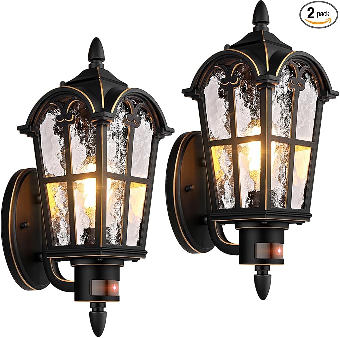 2-Pack Motion Sensor Outdoor Wall Lights Dusk to Dawn Porch Lights Wall Mount Exterior Light Fixtures Sconces Lighting Black with Gold Trim Wall Lanterns Outside Lights for House Garage Front Door