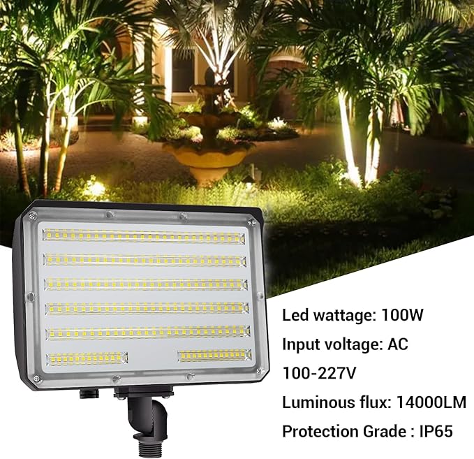 100W Outdoor LED Flood LightAC100-277V 14000Lumens 5000K IP65 Waterproof Knuckle Mount Floodlight for Yard GardenETL Listed