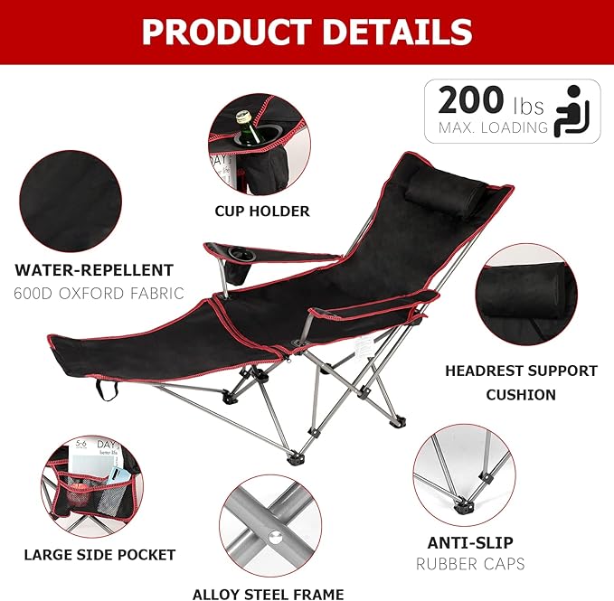 YSSOA Removable Footrest Reclining Camping Chair 1-Pack Black