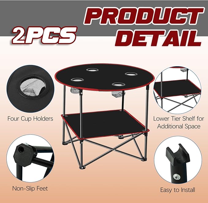 Soaoo 2 Pcs Folding Camping Table with 4 Mesh Cupholders 2 Tier Portable Folding Table Round Lightweight Fabric Compact Carrying Case Beach Table for Summer Outdoor Tailgating Fishing Hiking