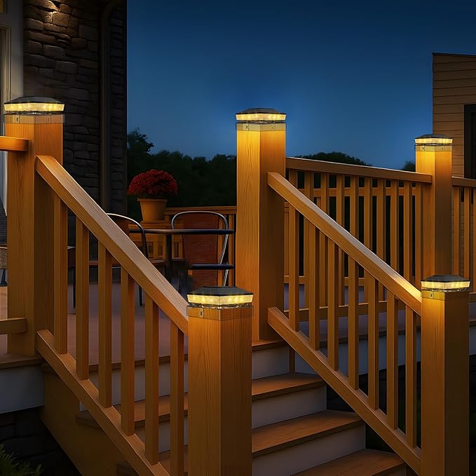 8 Pack Fence Post Solar Lights Fits 4x4 &amp 3.5x3.5 Wood Vinyl Posts 2 Modes(WarmCool White)| Dusk to Dawn Waterproof LED Outdoor Post Cap Lights for Deck Railing Porch Black