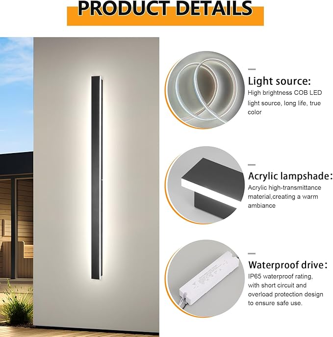 Outdoor House Lights Fixture Wall Mount2pack 70.8inch Modern Long LED Black Outdoor Exterior Wall SconceDimmable Waterproof Linear Wall Light Outside Lighting for HousePorch