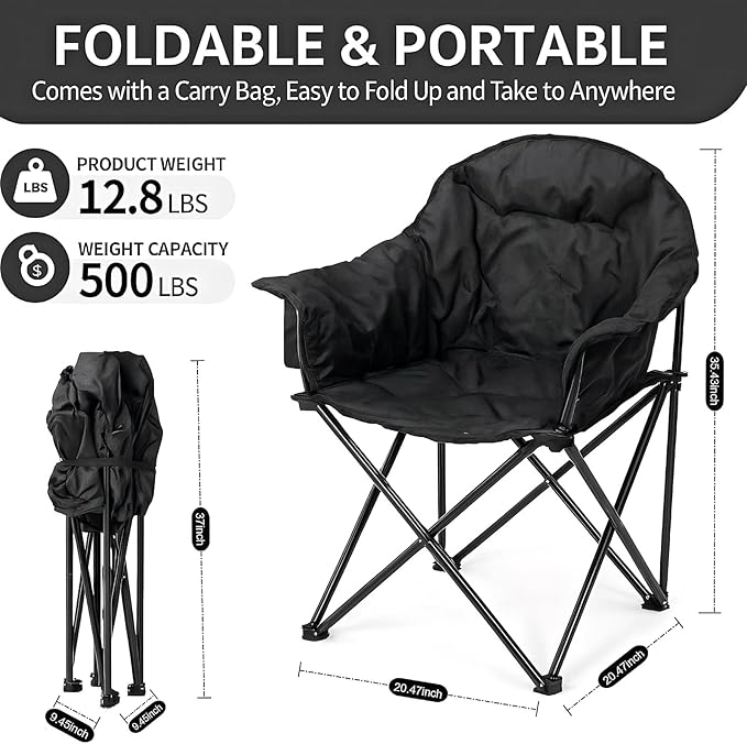 Heated Camping Chair3-Zone Heating for Back &amp Seat Portable Folding Outdoor Chair w/Side Pockets USB Powered (Power Bank NOT Included) 500 LBS Capacity