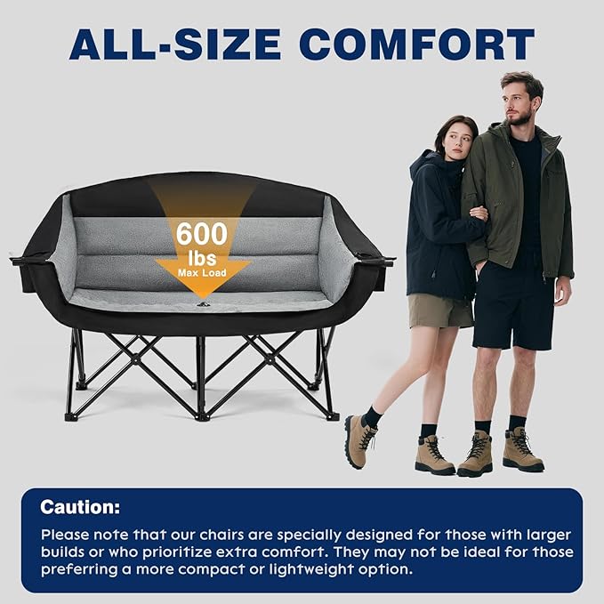 apollo walker Oversized Double Camping Chair for 2 Person - Extra Wide &amp Heavy Duty 600lbs Camp Couch with Dual Cup Holder &amp Carry Bag Camping Loveseat for Outdoor Lawn Beach Park