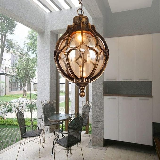 SLAWA Outdoor Pendant Lights for Porch Vintage Exterior Hanging Lantern with Spherical Glass Lampshade Bronze Aluminum Fixture for Gazebo Entry Yard