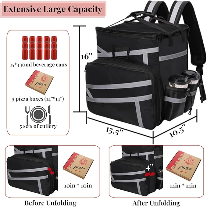 Food Delivery Backpack Expandable Insulated Pizza Bag with 4 Cup Holders Large Waterproof Catering Bag with Reflective Strip Support Boards for Delivery Bike Doordash