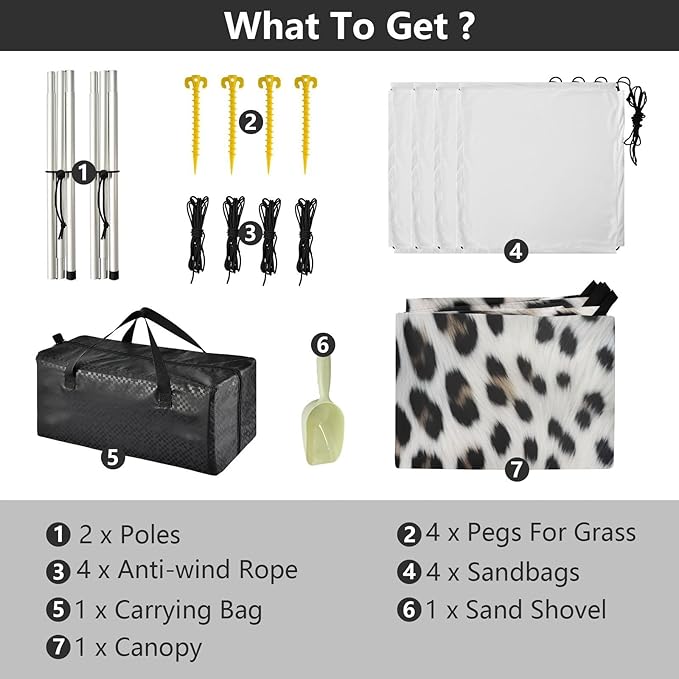 Snow Leopard Print Beach Tent Sun Shelter 9.2' x 10.5' Beach Canopy with 4 Sandbags 4 Stability Poles Sand Shovels - Tent Canopy for Beach Camping Fishing Picnics