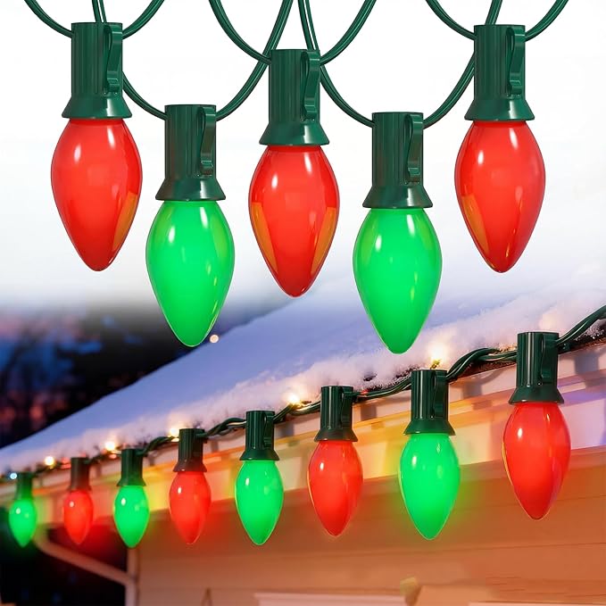 C7 Outdoor Christmas Lights - 25ft Red and Green Christmas Lights with 27 Ceramic Bulbs(2 Spare) Waterproof Extendable Christmas Tree Lights for Indoor Party Backyard Xmas LightGreen Wire