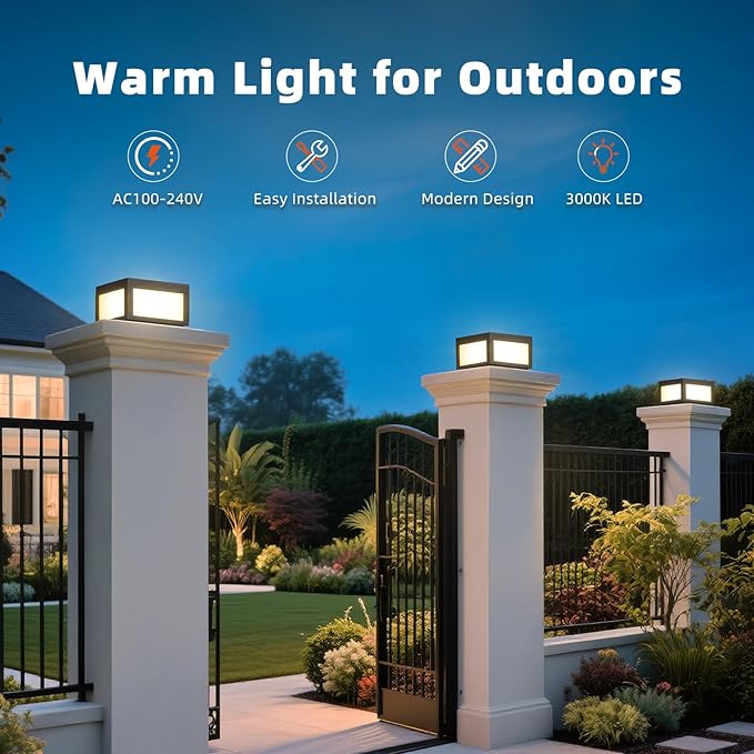Outdoor Post Lights Hard Wired 9.8'' AC100-240V Pillar Light Outdoor Waterproof Fence Column Light Fixture Dusk to Dawn Modern 3000K LED Deck Post Cap Lamp Electric Lighting for Garden Posts