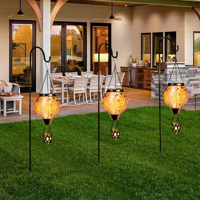 Moon Pattern Hot Air Balloon Solar Lantern with Flickering Flame  Hanging Outdoor Lantern Light Glass Waterproof Decor for Patio Porch Garden