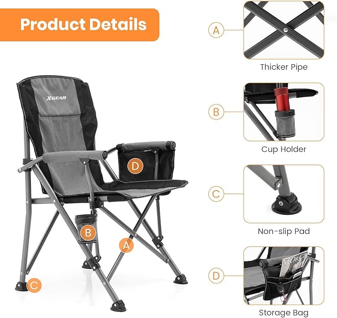XGEAR Camping Chair with Padded Hard Armrest Sturdy Folding Camp Chair with Cup Holder Storage Pockets Carry Bag Included Support to 400 lbs